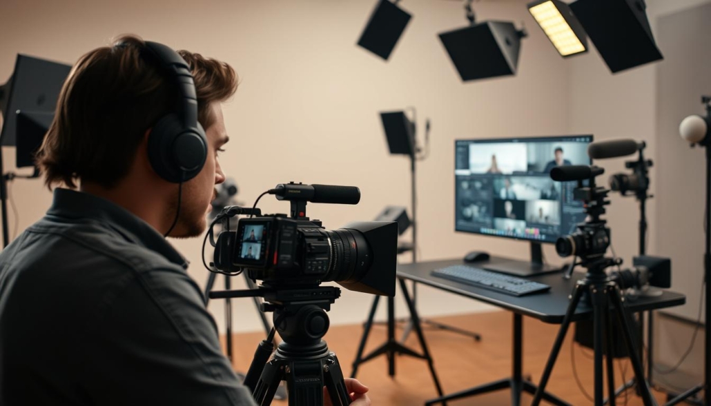 A dynamic, cinematic video production set in a modern, well-equipped studio. A skilled OPERATORE VIDEO ROMA uses professional-grade cameras, lighting, and editing tools to craft a visually stunning montaggio video. The foreground features the videographer, framed in a medium shot, focused intently on the computer screen, carefully curating footage and transitioning between scenes. The middle ground showcases an array of high-end video equipment, including a tripod, microphones, and a sleek, state-of-the-art editing workstation. The background depicts a backdrop of neutral tones, allowing the subject and tools to take center stage. The overall atmosphere is one of creative focus, technical mastery, and the pursuit of visual excellence. A dynamic, cinematic video production set in a modern, well-equipped studio. A skilled OPERATORE VIDEO ROMA uses professional-grade cameras, lighting, and editing tools to craft a visually stunning montaggio video. The foreground features the videographer, framed in a medium shot, focused intently on the computer screen, carefully curating footage and transitioning between scenes. The middle ground showcases an array of high-end video equipment, including a tripod, microphones, and a sleek, state-of-the-art editing workstation. The background depicts a backdrop of neutral tones, allowing the subject and tools to take center stage. The overall atmosphere is one of creative focus, technical mastery, and the pursuit of visual excellence.