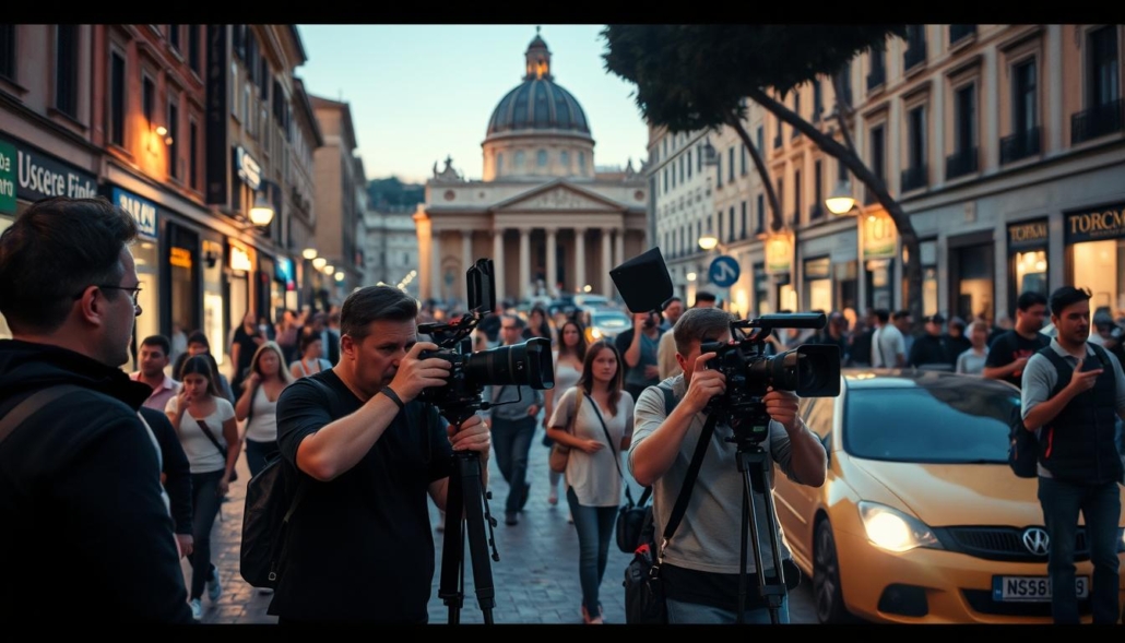 A bustling city street in Rome, with a dynamic OPERATORE VIDEO ROMA crew capturing the energy of the urban landscape. Cinematic lighting illuminates the scene, casting dramatic shadows as the videographers skillfully navigate their equipment. In the foreground, a trio of filmmakers focus intently on their cameras, framing the shot with precision. The middle ground features a diverse array of passersby, their movements and expressions adding a sense of spontaneity. In the background, iconic Roman architecture and landmarks provide a visually striking backdrop, setting the stage for the video production. The overall atmosphere conveys a sense of creativity, professionalism, and the city's vibrant spirit.
