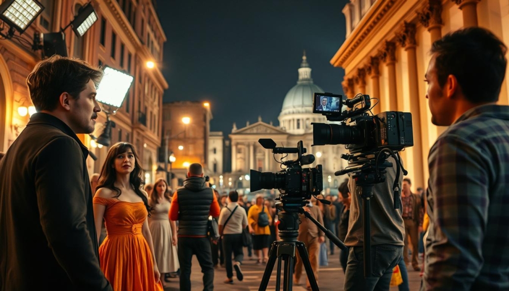 A bustling film set in the heart of Rome, with the OPERATORE VIDEO ROMA team capturing the essence of a compelling narrative. Vibrant lighting illuminates the scene, as a skilled videographer moves gracefully, framing the action with a professional eye. In the foreground, actors emote with passion, their movements fluid and naturalistic. The middle ground features an array of state-of-the-art video equipment, including high-definition cameras and specialized lenses, all working in harmony to bring the creative vision to life. In the background, the iconic architecture of the Eternal City serves as a stunning backdrop, setting the stage for an unforgettable cinematic experience. The overall atmosphere is one of creative energy, where the art of video production converges with the rich history and culture of Rome.