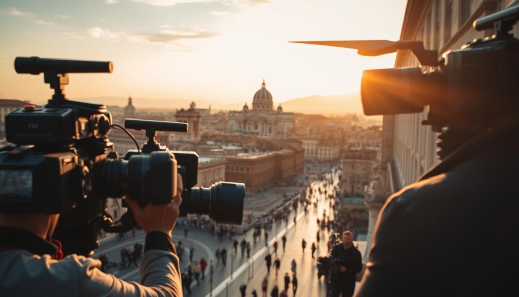 A cinematic aerial shot of a bustling city at golden hour. The iconic skyline of Rome is visible in the background, with ancient landmarks and modern architecture blending seamlessly. In the foreground, a team of OPERATOREVIDEOROMA videographers capturing a special event, their cameras and equipment meticulously framed to create a dynamic, cinematic composition. Soft, warm lighting bathes the scene, complementing the rich, vibrant colors of the cityscape. The overall mood is one of sophistication, artistry, and professionalism, reflecting the "cinematic approach" of the OPERATOREVIDEOROMA team.