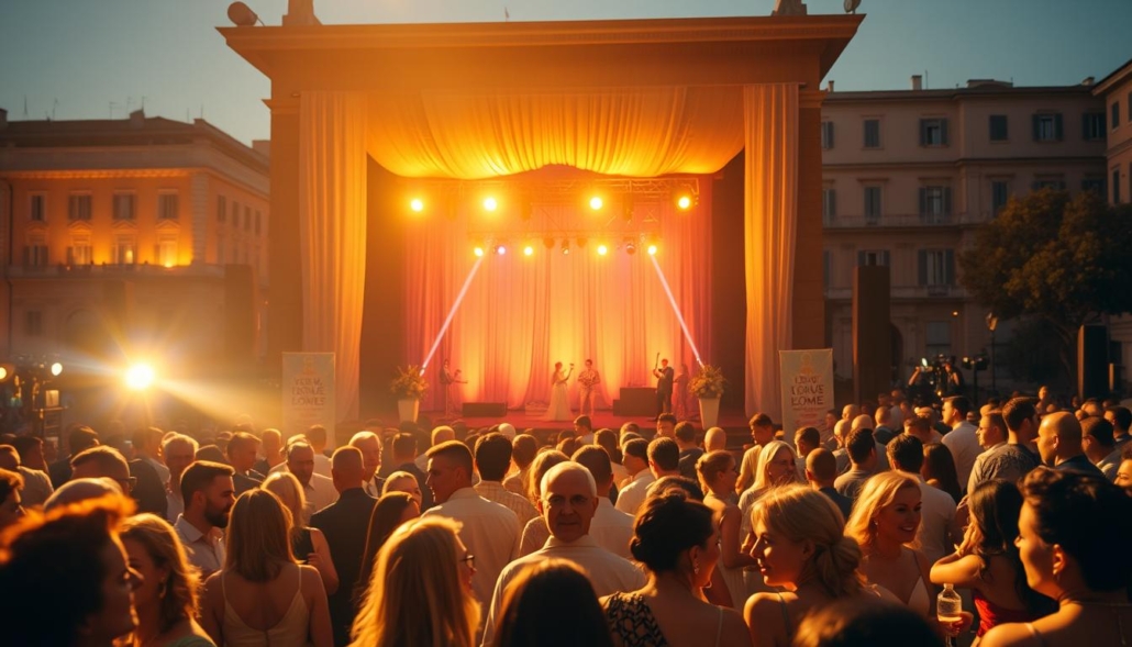A cinematic scene of a lively event in Rome, captured by OPERATOREVIDEOROMA. In the foreground, guests mingle and celebrate, their faces aglow under warm, golden lighting. The middle ground features a grand stage, its backdrop adorned with elegant drapery and dynamic lighting effects. In the background, the iconic architecture of Rome sets the stage, lending an air of timeless elegance. The overall atmosphere is one of joy, energy, and the magic of memories being forged, ready to be cherished through the power of video.