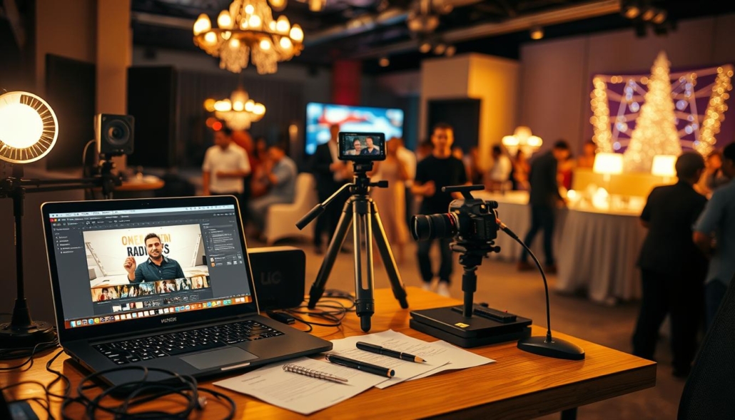 A professional videographer's creative workspace, complete with state-of-the-art video editing equipment and a dedicated work area. The scene depicts the "OPERATOREVIDEOROMA" brand, showcasing the process of video montage for special events. Warm lighting illuminates the desktop, where a laptop displays video footage, while various cables, tools, and notes hint at the meticulous planning and attention to detail involved in the creative process. The middle ground features a camera and tripod, symbolizing the initial capture of event footage. In the background, blurred shapes suggest the hustle and energy of the event venue, hinting at the culmination of the creative journey.