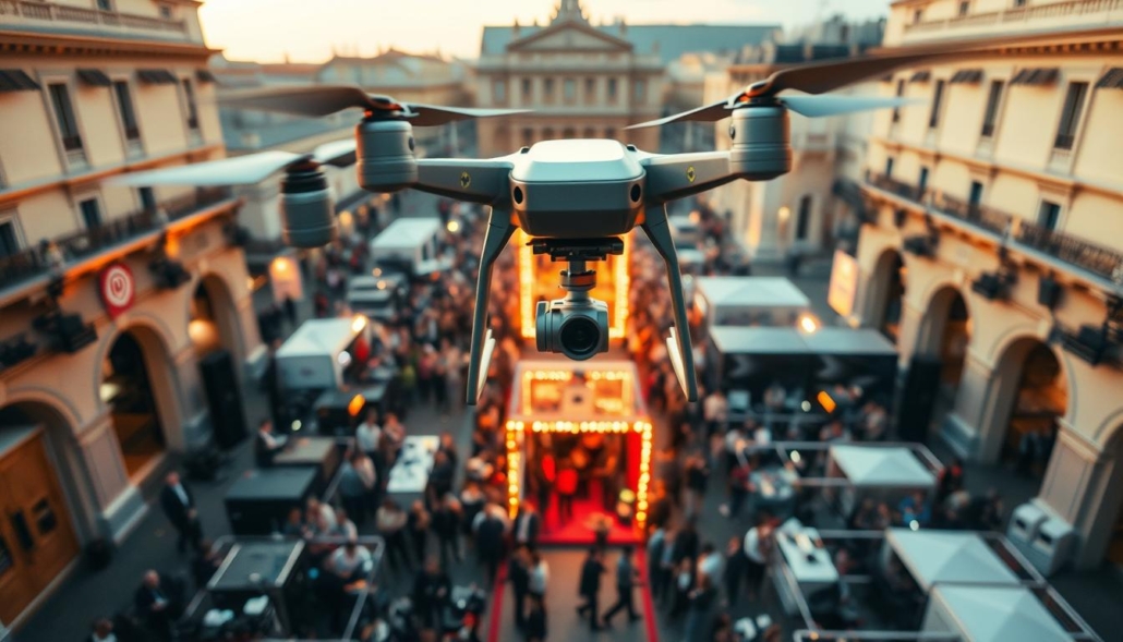 Aerial cinematography showcasing a vibrant event in Rome, captured by OPERATOREVIDEOROMA's advanced drone. A dynamic bird's-eye view reveals the bustling scene below, with crisp, high-resolution footage highlighting the cutting-edge technology and equipment at work. The camera angles artfully blend wide panoramic shots with tight, detailed closeups, immersing the viewer in the energy and excitement of the event. Soft, warm lighting accentuates the elegant architecture and vibrant colors, creating a cinematic atmosphere that elevates the production value. This captivating visual narrative reflects the cutting-edge, forward-thinking spirit of "Videomaker Eventi Roma" and their commitment to delivering exceptional, state-of-the-art event coverage.