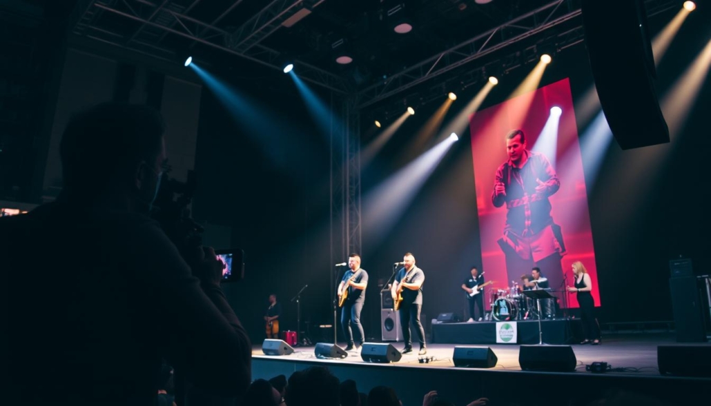 Genera un'immagine di un concerto a Roma con una band che suona sul palco e un videomaker che riprende l'evento.