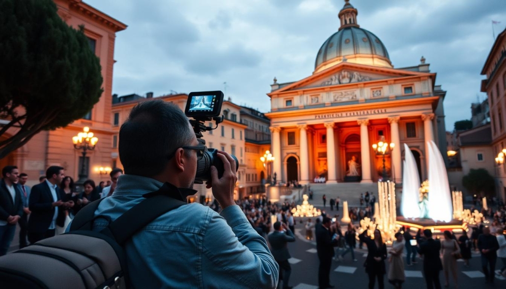 Genera un'immagine di un evento speciale a Roma con un videomaker