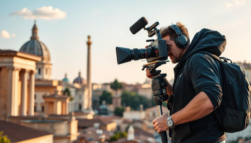 Genera un'immagine di un videomaker professionista a Roma