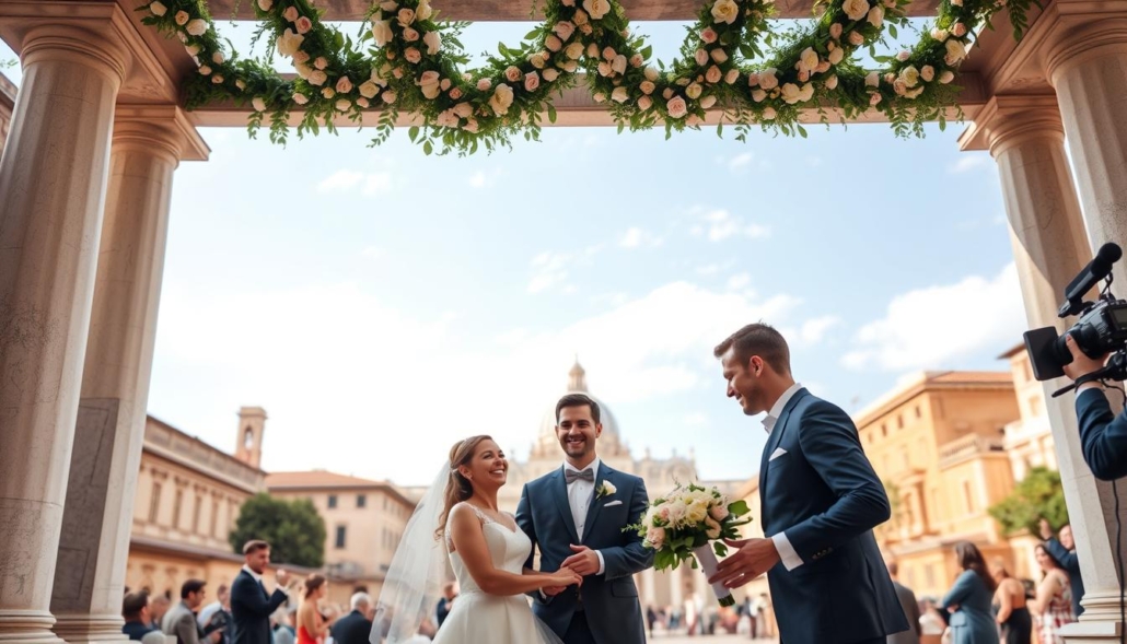 Genera un'immagine di una cerimonia di matrimonio a Roma con una coppia felice e un videomaker che riprende l'evento.