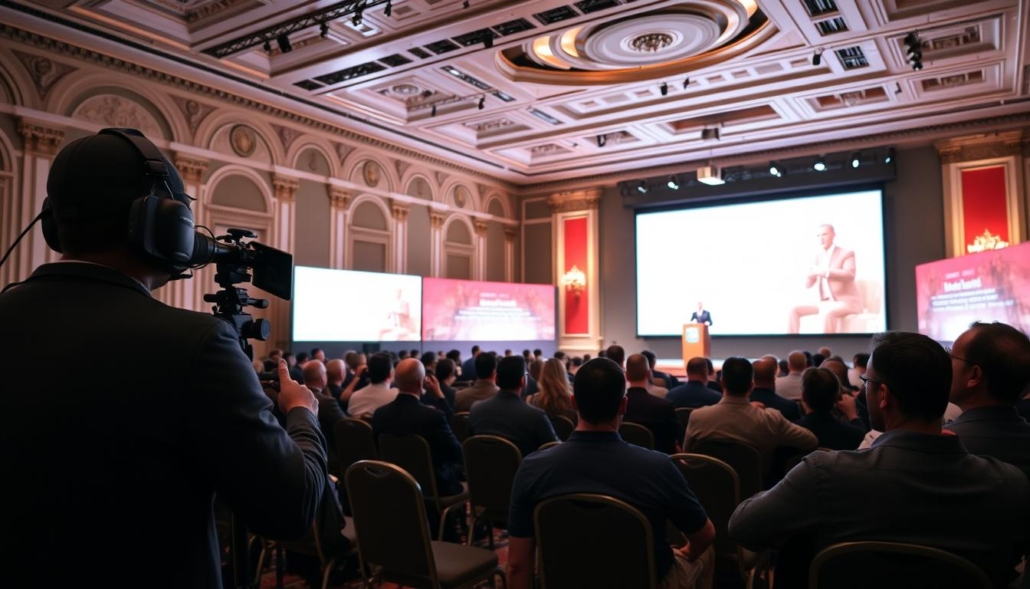 Genera un'immagine di una conferenza a Roma con un relatore e un videomaker che riprende l'evento.