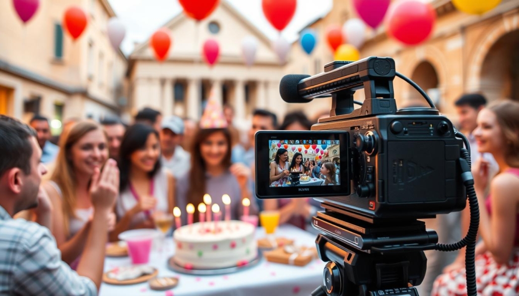 Genera un'immagine di una festa di compleanno a Roma con una videocamera che riprende i momenti salienti.