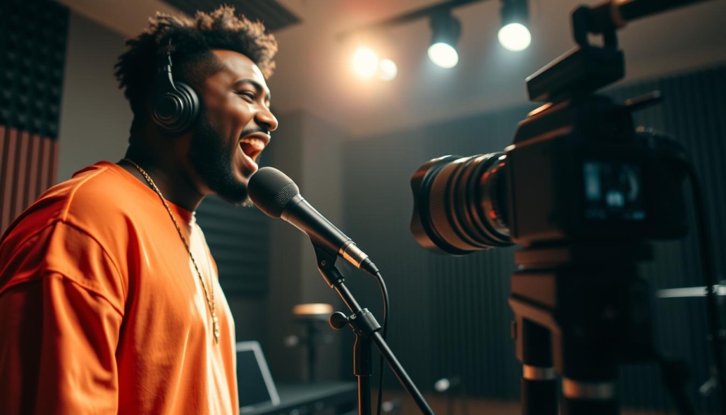 Immagine di un artista che canta in uno studio di registrazione mentre una telecamera cattura il momento.