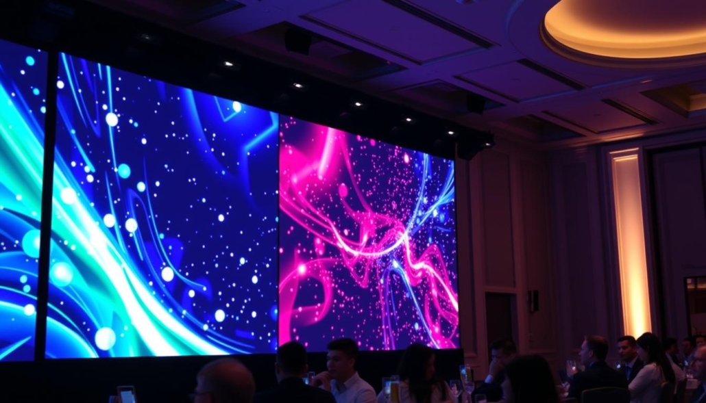 Immagine di un evento corporate con uno schermo LEDWall che mostra una presentazione.