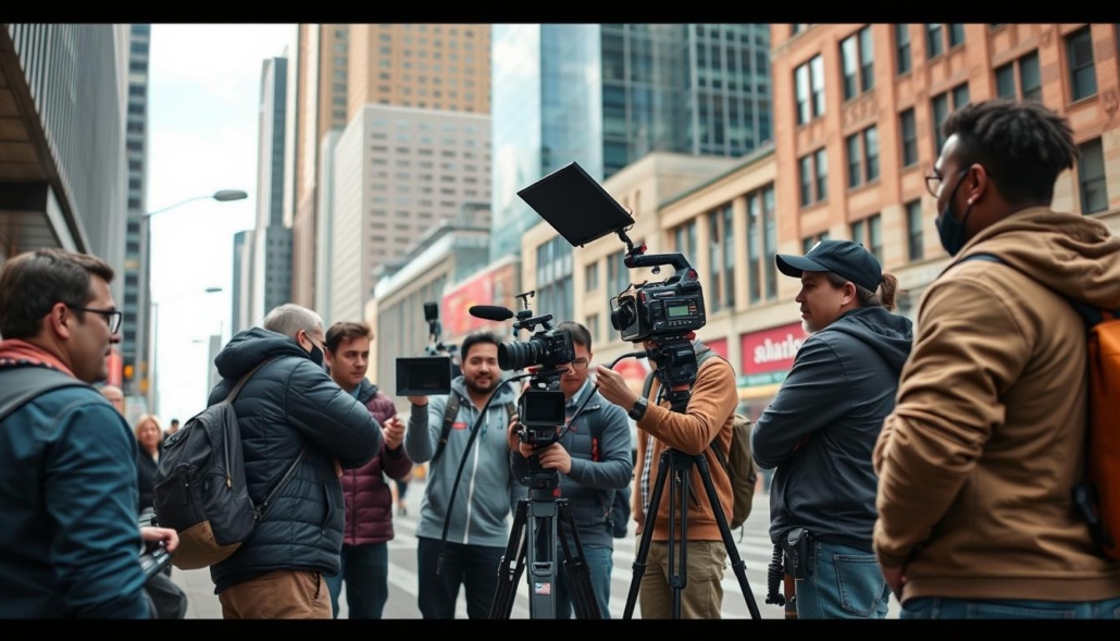 Immagine di un team di videomaker che gira uno spot pubblicitario in una location urbana.
